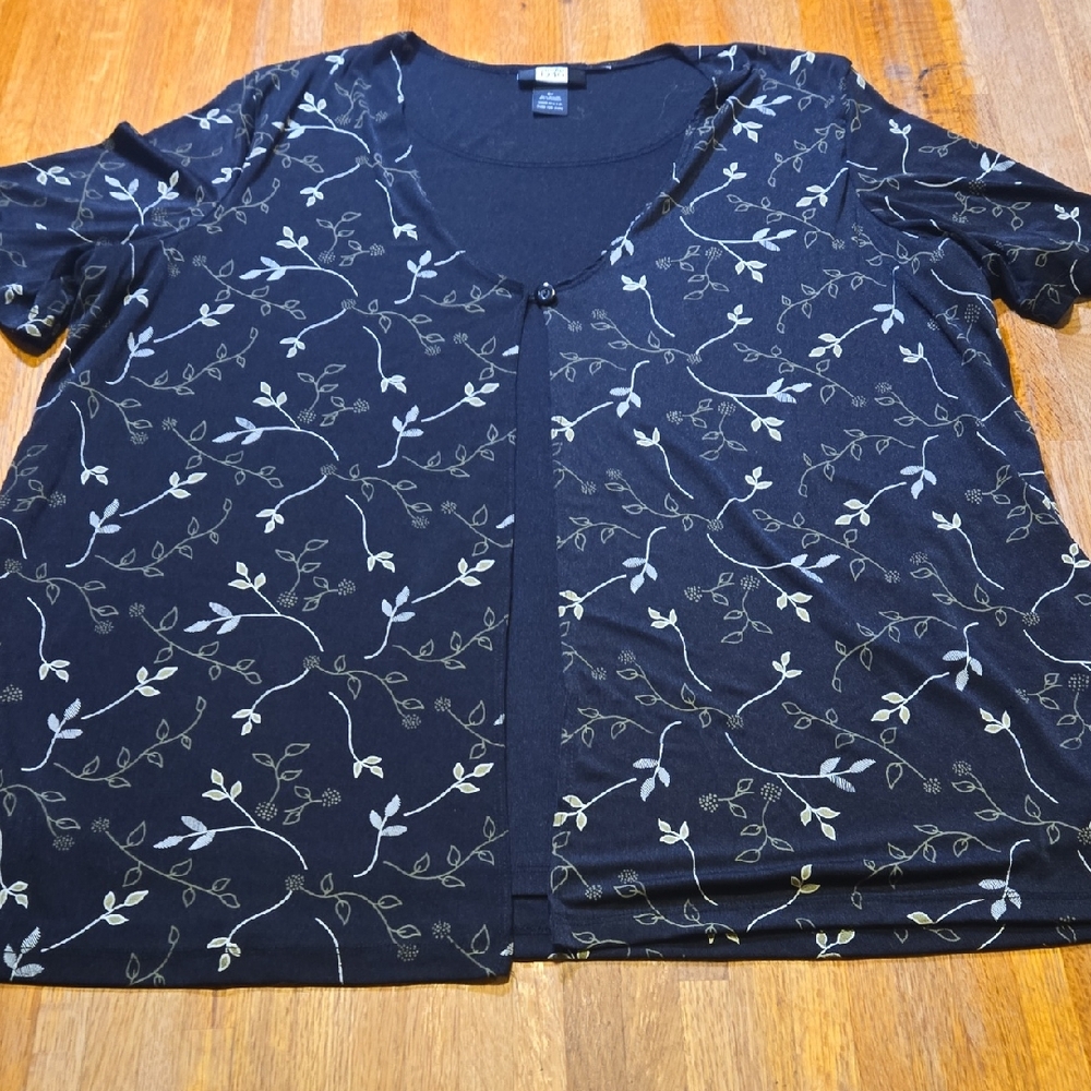 Studio 1940 Women 3XL Black White Leaf Floral Short Sleeve‎ Layered Look Blouse